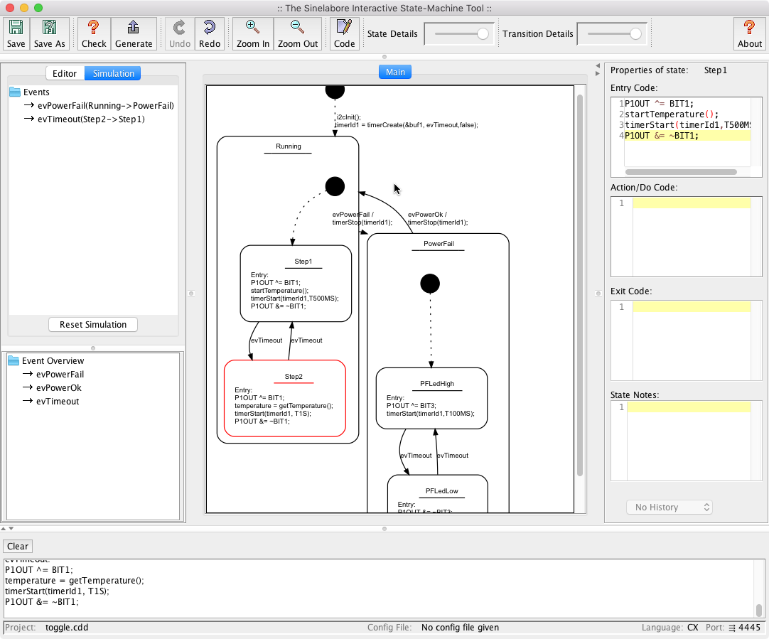 Graphical simulation: active state outlined in red; window lists events for that state
