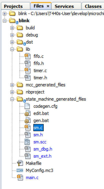 PIC project tree with generated files