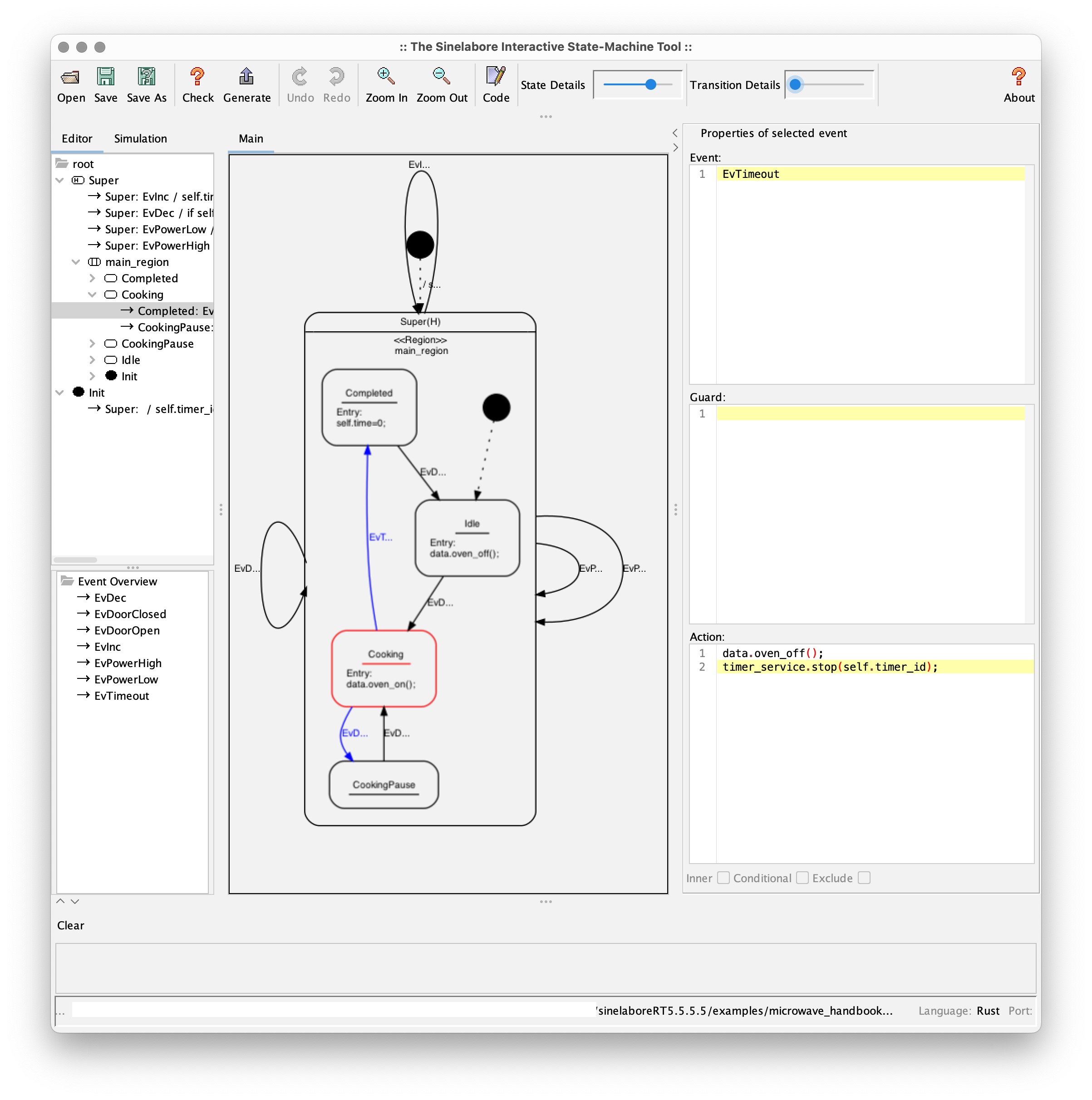 Microwave oven example in the integrated state machine editor. Microwave oven example in the integrated state machine editor.